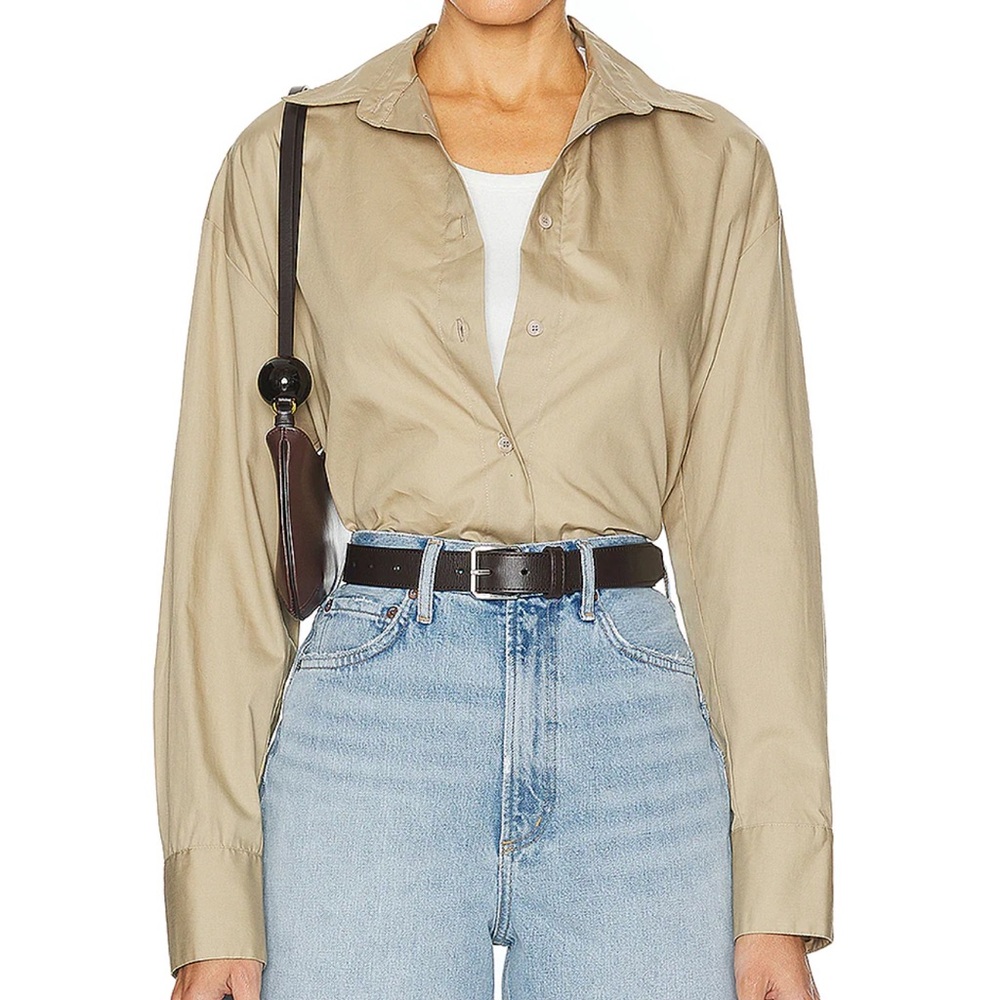 Enza Costa poplin long sleeve button up shirt in tan - Picture 2 of 9